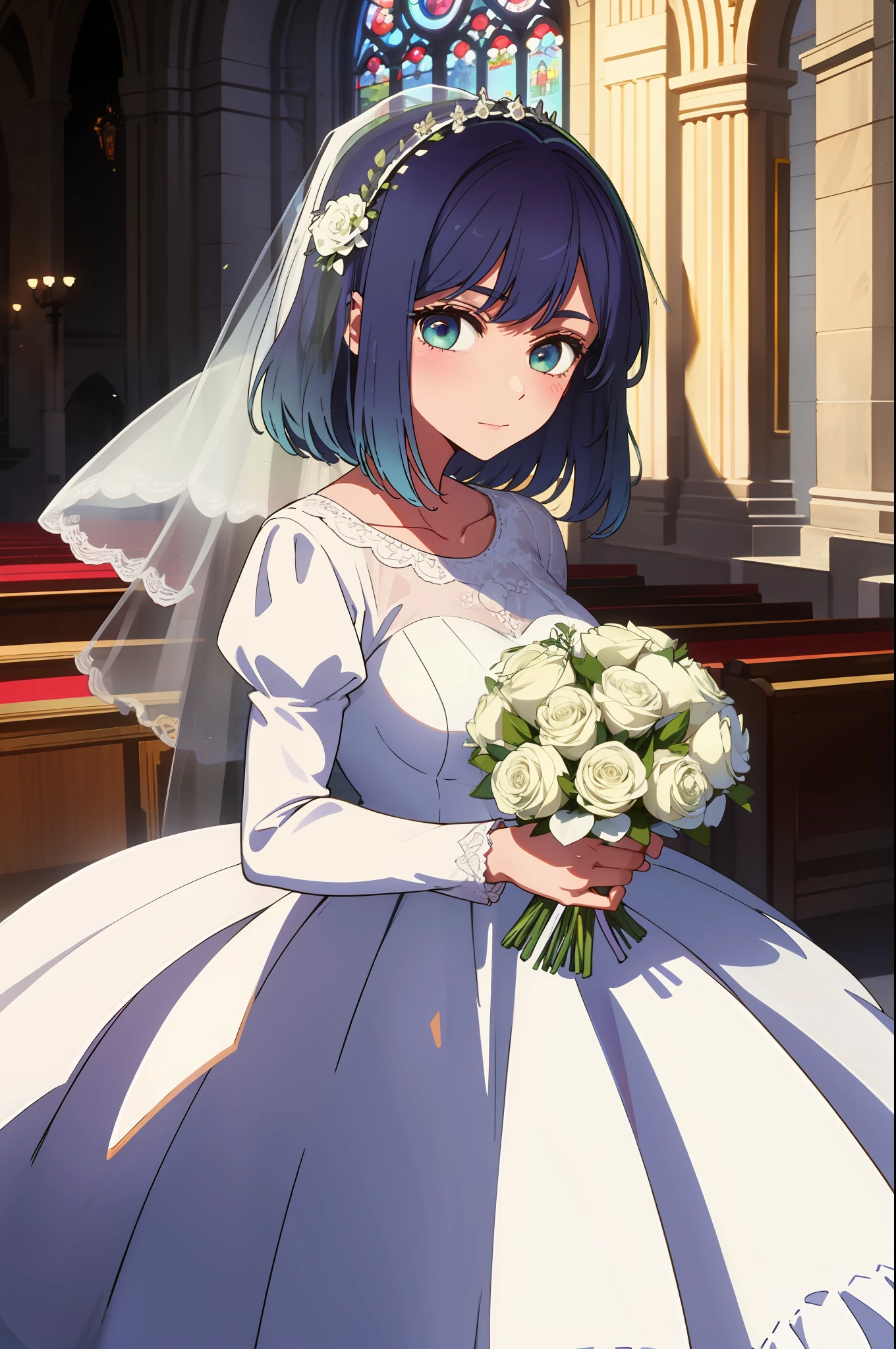 1girl, large breasts, wedding dress, church, looking at viewer, holding bouquet,