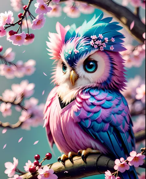 (cluster of cherry blossoms:1.2),[cute owl,fantasy:1.2],(pink feathers:1.1+blue feathers+green feathers),light blue eyes,perched on cherry blossom branch,scenic background,warm lighting,vibrant colors.