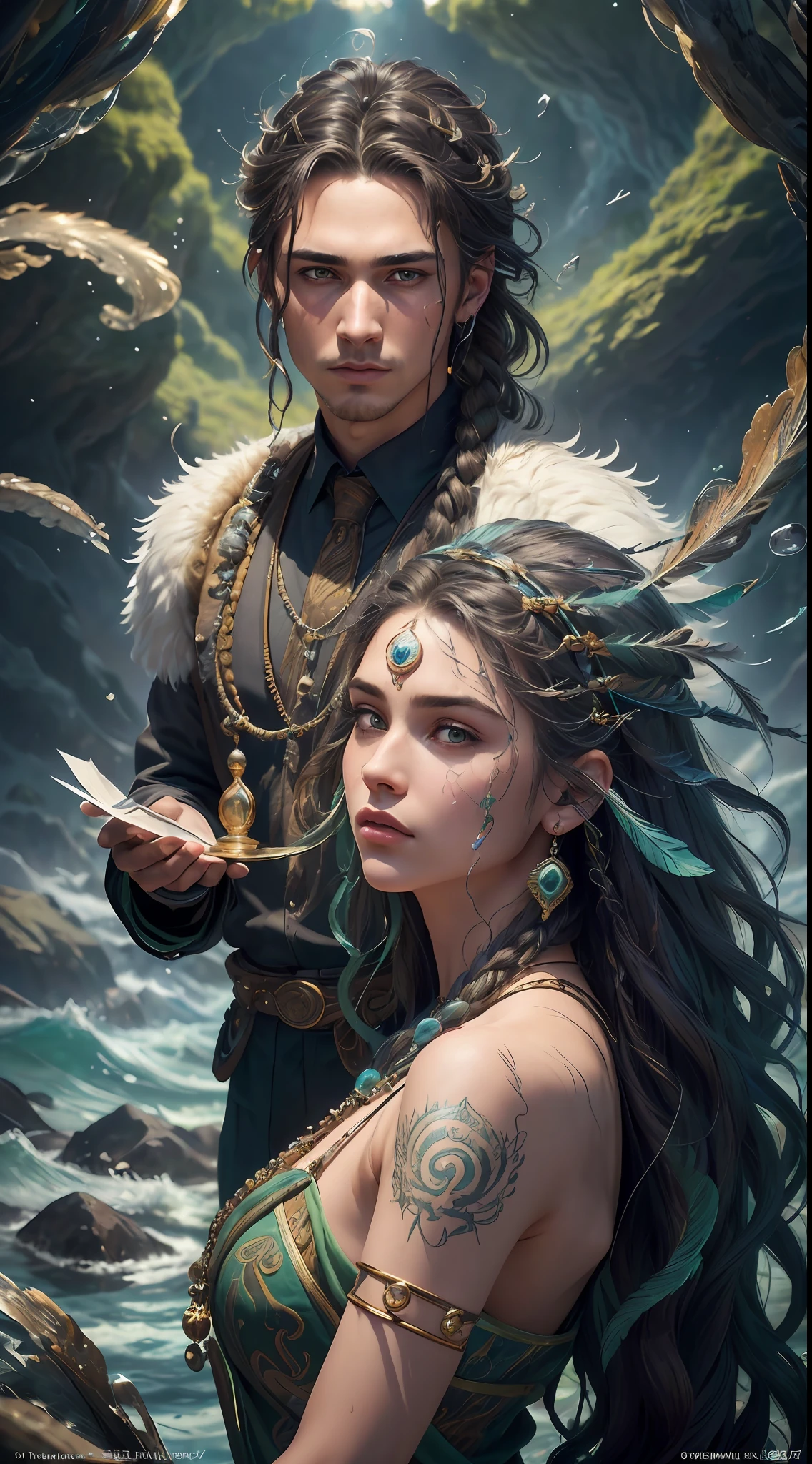 Couple (((male)), fashion shoot, (full portrait), (half), solo, detailed background, detailed face, (stonepunkAI, stone theme:1.1), wise, (beautiful hair, braid: 0.2), shaman, septum harsh, mysterious, (gorgeous face), stunning, head tilted up, (calm expression), calm, intimate interaction, sea bubble green worn clothes, rosary, Tribal ornaments, feathers in hair, headdress: 0.33, emerald, obsidian, detailed clothes, realistic skin texture, (floating particles, water swirls, embers, rituals, whirlwinds, wind: 1.2), clear focus, volumetric lighting, good highlights, good shadows, subsurface scattering, complex, highly detailed, ((film)), dramatic, (highest quality, award-winning, masterpiece: 1.5), (realism: 1.5),