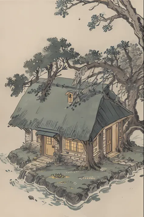 a round juniper berry house, modern cartoon
hand drawn, mossy