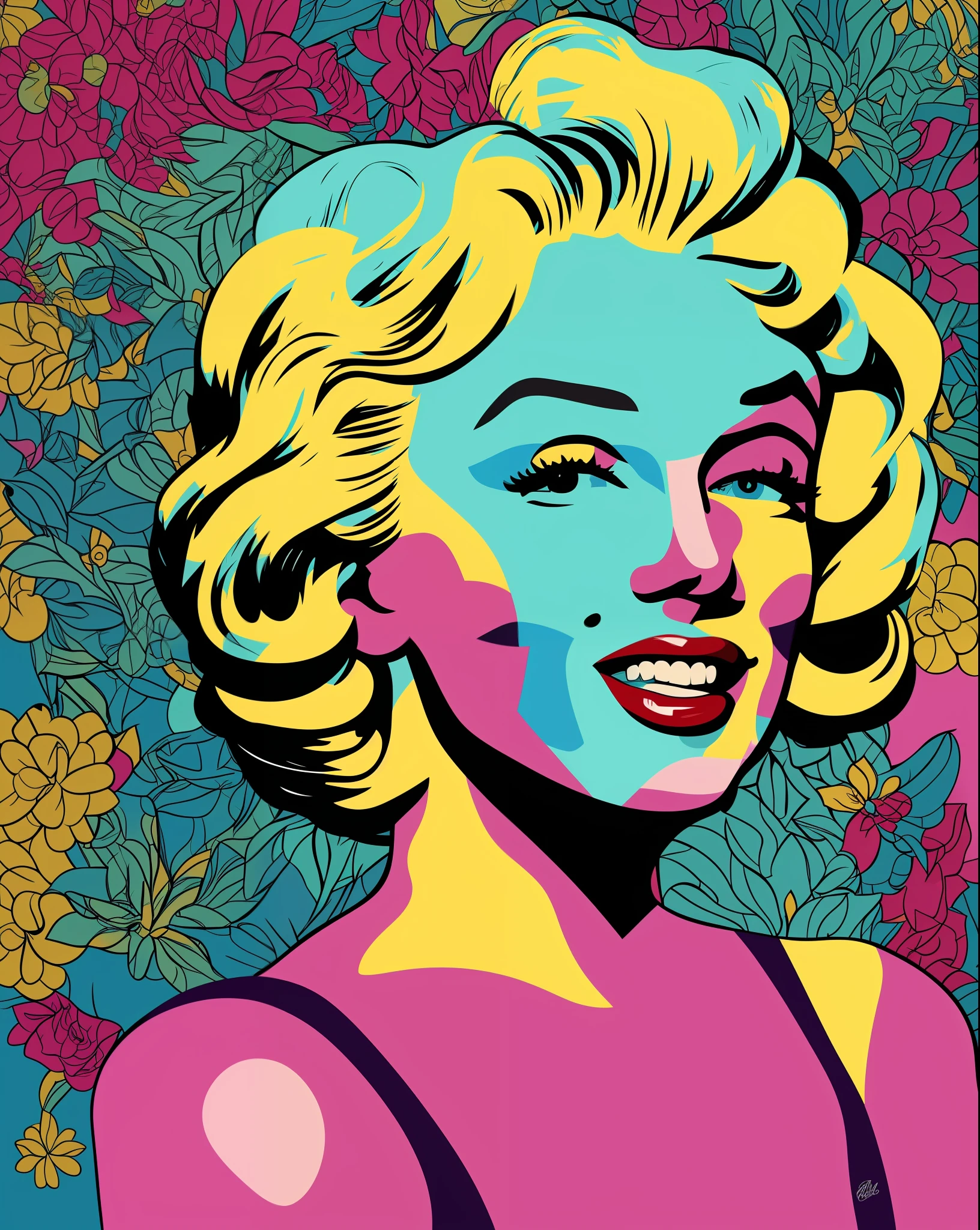 "Marilyn Monroe",smiling,pop art)