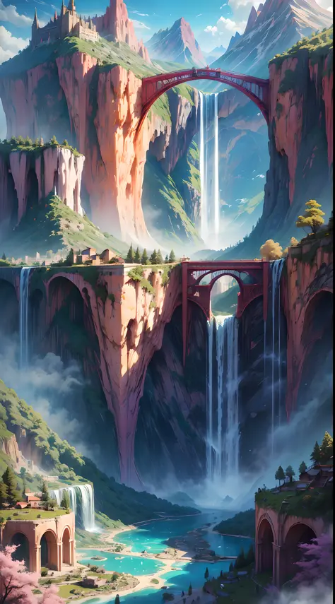 A magical place with bright colors waterfalls, mountain, a bridge and a city to the orizonte, 8k