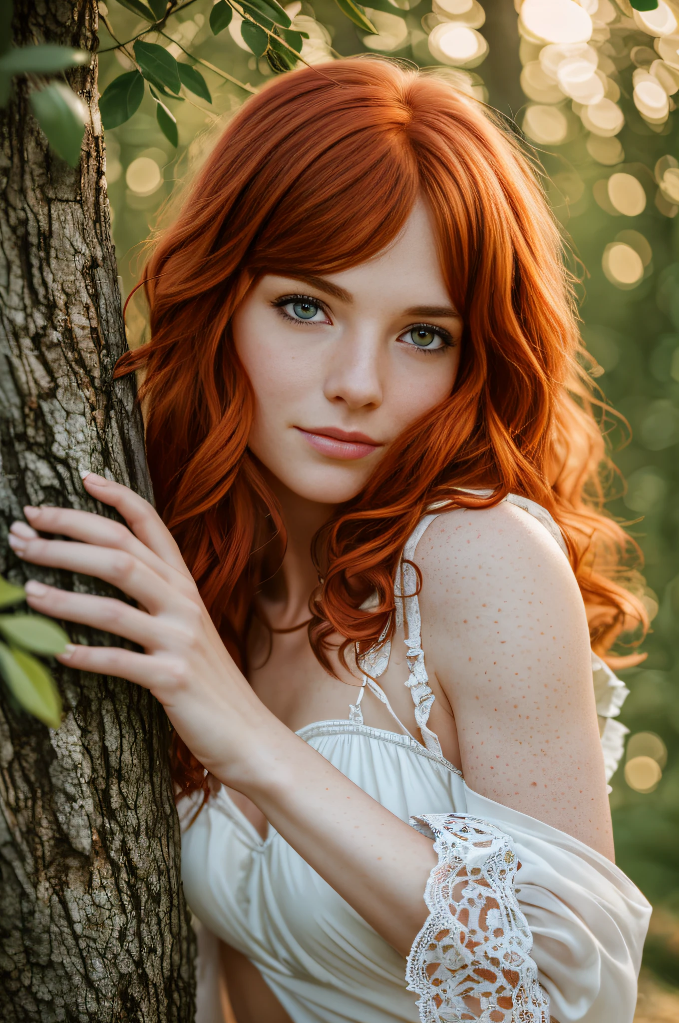 A Close Up Of A Woman With Red Hair Leaning Against A Tree Seaart Ai 9240