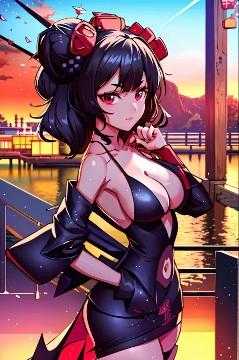a woman in a black outfit and red cape posing on a dock, seductive anime girl, beautiful alluring anime woman, extremely detailed artgerm, smooth anime cg art, seductive tifa lockhart portrait, badass anime 8 k, japanese goddess, 8k high quality detailed a...