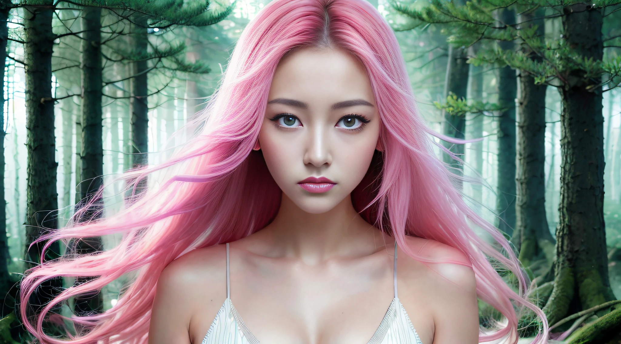 beautiful portrait painting of an anime girl, cute, pink hair, symmetrical face, symmetrical eyes, two identical symmetrical eyes, portrait, beautiful girl, artstation, trending on artstation, gorgeous, smooth skin, cutie, long hair, fantasy style, pastel colors , forest background, FHD, --version 3 --ar 2:3 --uplight --stylize 1250