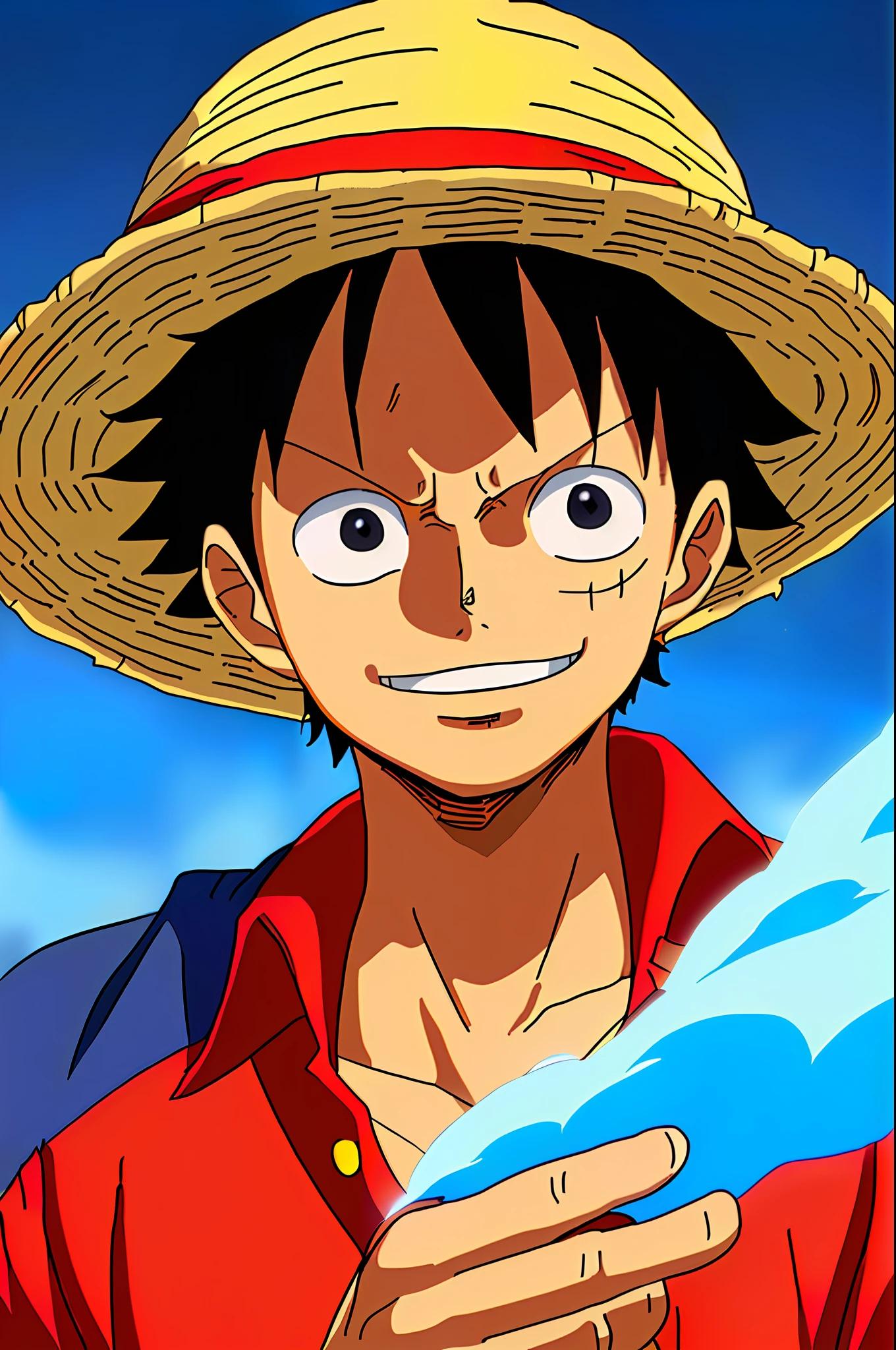 1boy, wanostyle, monkey d luffy, smiling, straw hat, looking at viewer, solo, upper body, ((masterpiece)), (best quality), (extremely detailed), depth of field, sketch, dark intense shadows, sharp focus, soft lighting, hdr, colorful, good composition, smoke all around, spectacular, closed shirt, anime screencap, scar under eye, ready to fight, black eyes, outdoors, night