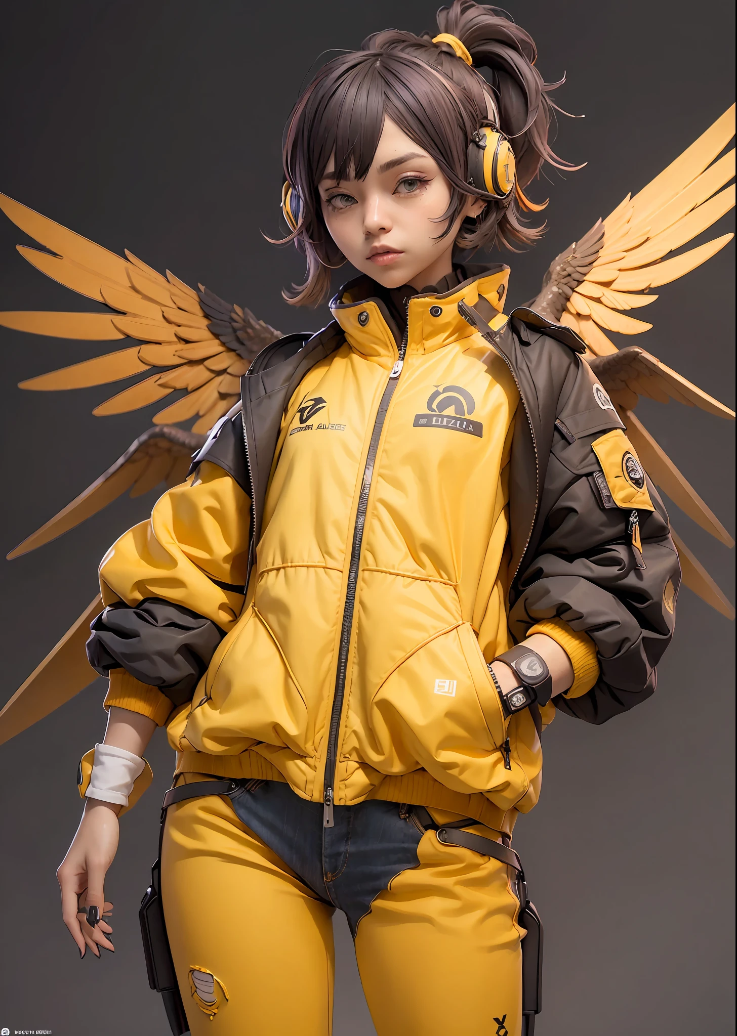 Nijiloraeagle ULZZANG-6500, no estilo de modelagem de superfície dura colorida, sorriso caloroso, samuraipunk ciberpunk, Hyper - ilustrações detalhadas realistas, renderização hiper-detalhada, Retrato, Sozinho, encantadora e bonita 1girl com asas mecânicas de águia, vestindo techwear e jaqueta grande, ((jeans)), com um hiperdetalhado wet escuro - amarelo e cobalto e coral e katana dourada preta, fundo de cor pura