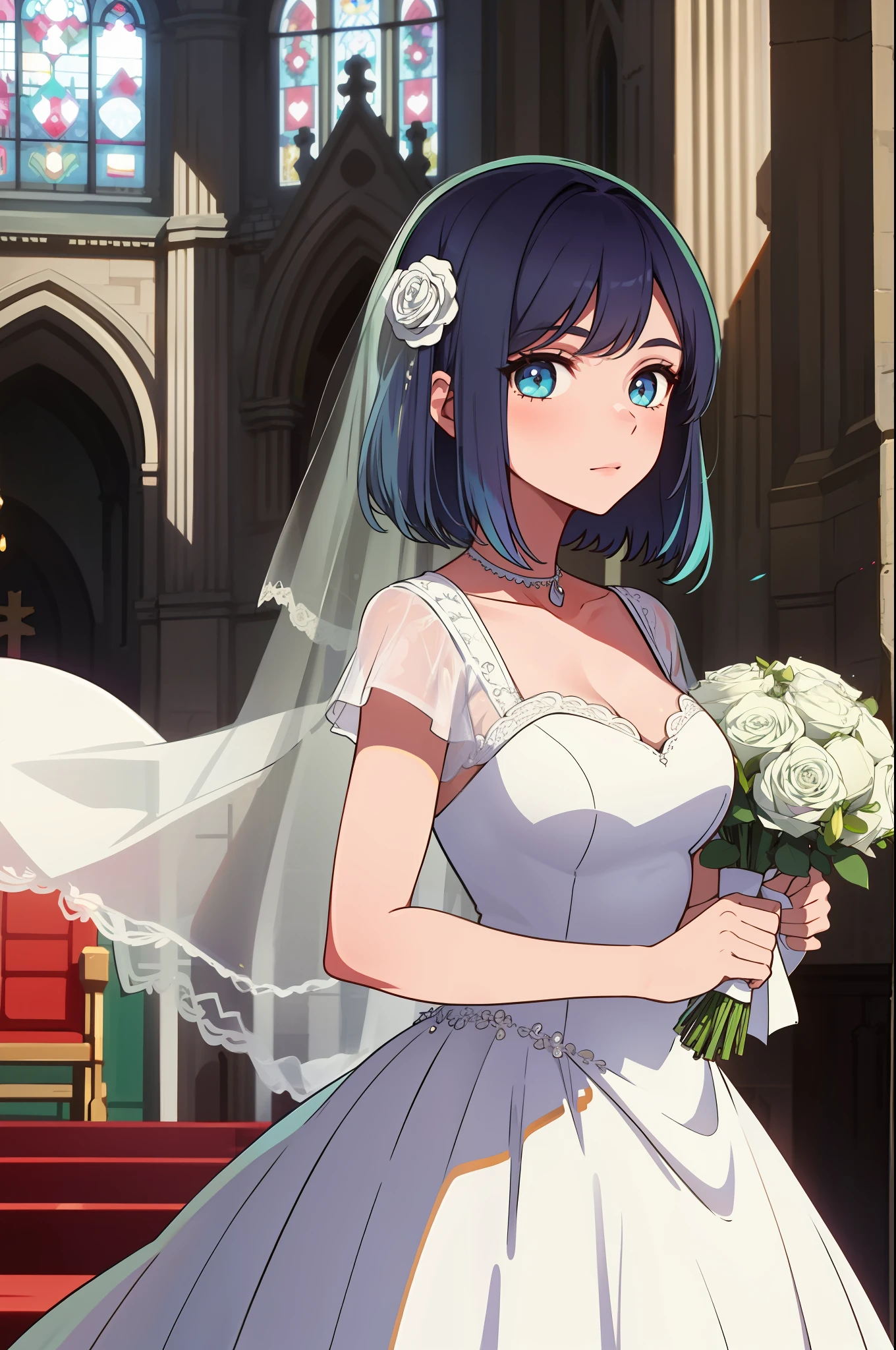 1girl, large breasts, wedding dress, church, looking at viewer, holding bouquet,