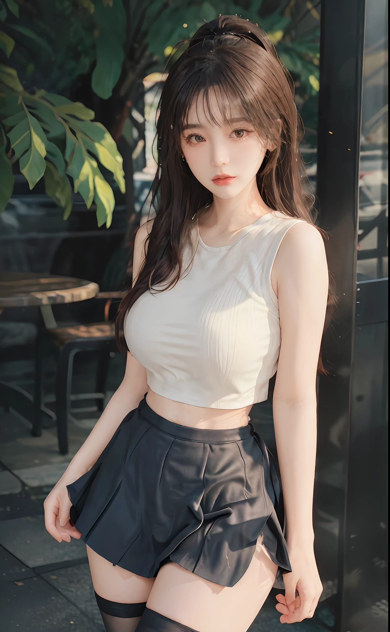 (masterpiece, realistic, high resolution), ((1 girl): 1.2), Korean, ((white wavy hair): 1.3), (heterochromic eyes: 1.1, thick eyebrows,), (white hoodie), ((medium breasts): 1.2, small waist, thigh), catwalk, masterpiece: 1.2, best quality), realism, (real pictures, rich detail details, depth of field), (1 girl, solo), makeup, high detail, perfect face shape, (: 1.4), (skin dents), thick thighs, wide hips, thin waist, high, coral, red lips, red eyes, ponytail (girls, shallow tulle, tulle transparent), (sweat: 1.2), (wet), sexy, blush, (shy expression), tank tops, suspenders, belly pockets, shorts, yoga pants, tight short skirts, tight shorts, stockings, fishnet socks, pajamas, pleated skirts, skirts, hip skirts, flowers on clothes,