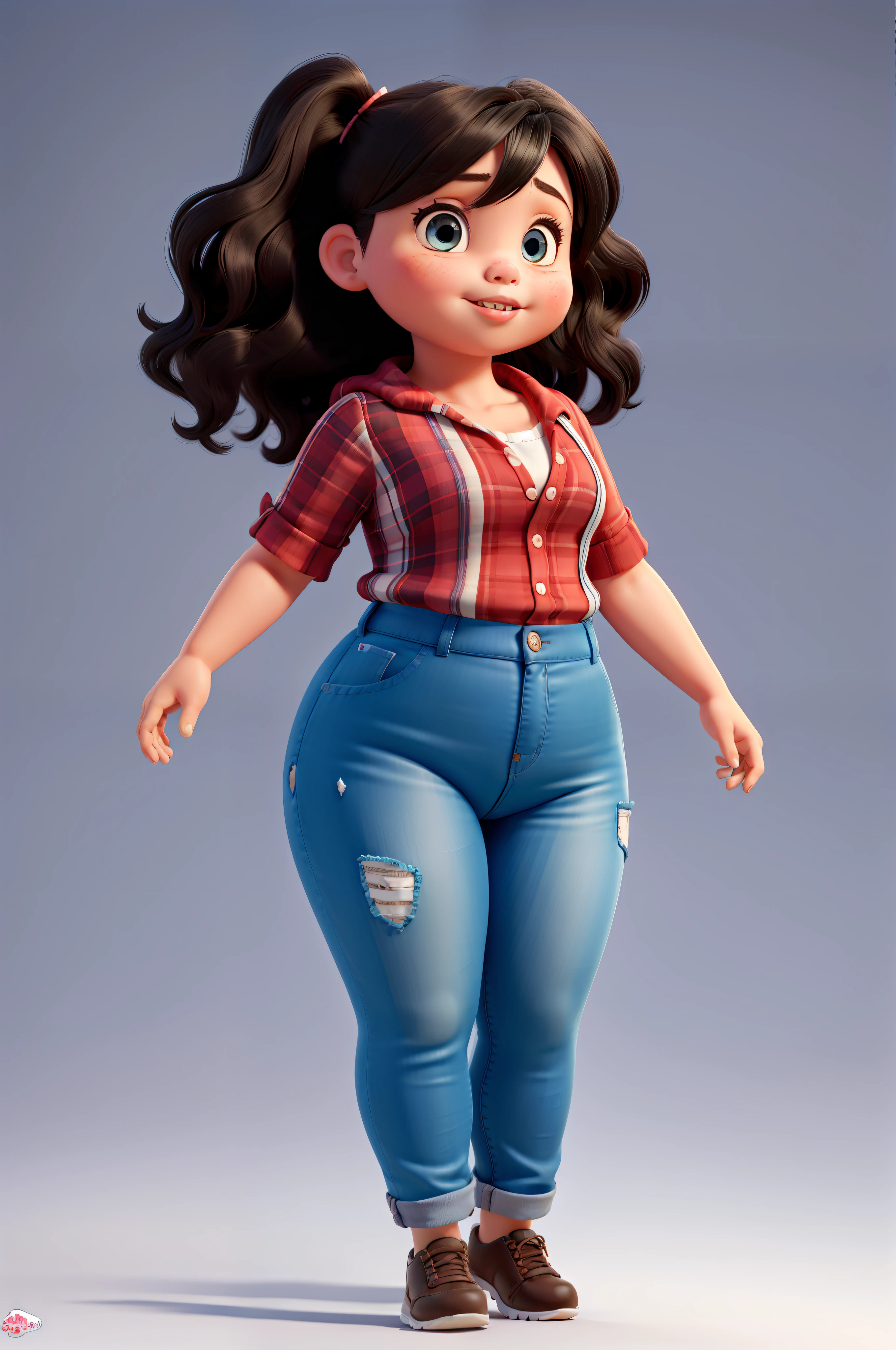 A cartoon character of a girl in jeans and a plaid shirt - SeaArt AI