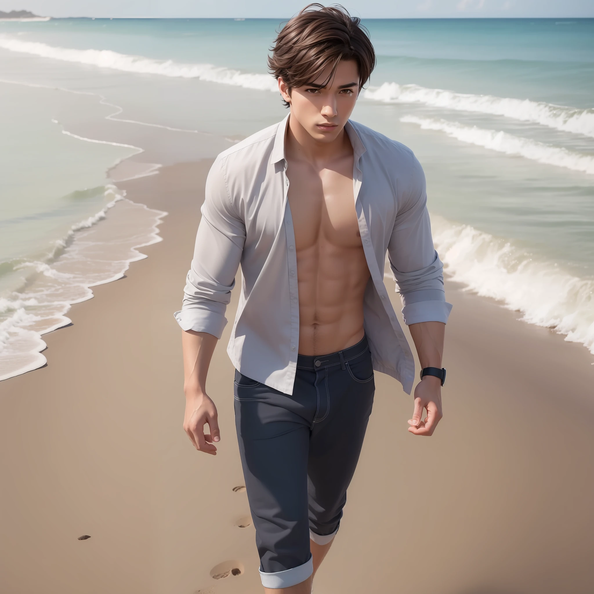 (杰作) 8K 分辨率, 英俊的年轻人在热门海滩上漫步, 黑色短发, 淡褐色的眼睛, 棕色的眼睛, 海滩上的衣服, 动漫风格, 模型风格,