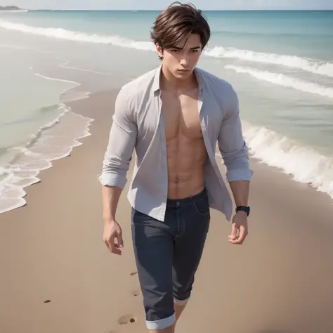 (masterpiece) 8k resolution, handsome young man strolling on a popular beach, short black hair, hazel eyes, brown eyes, clothes ...