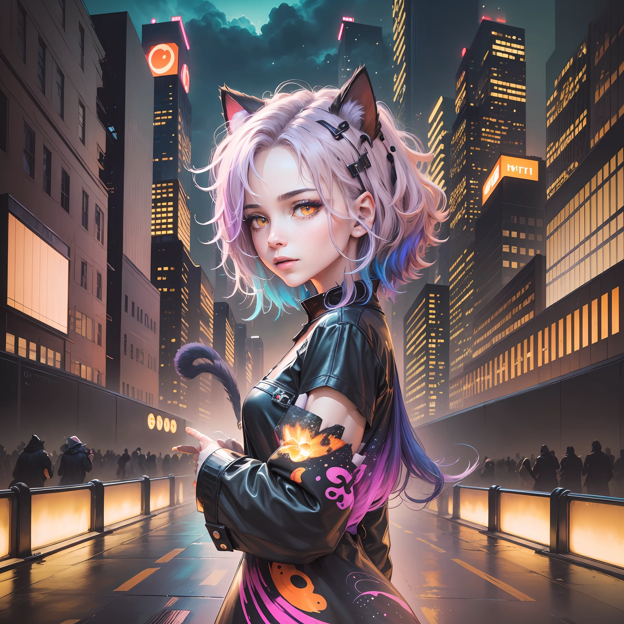 (masterpiece, high quality, highres,illustration), 1girl, galaxy multicolored hair in New york city playing with a black cat at night with orange fog, cybercity, high detailed cat face, --auto --s2