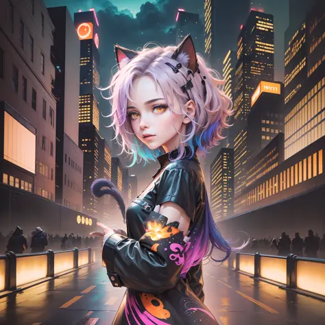 (masterpiece, high quality, highres,illustration), 1girl, galaxy multicolored hair in New york city playing with a black cat at ...