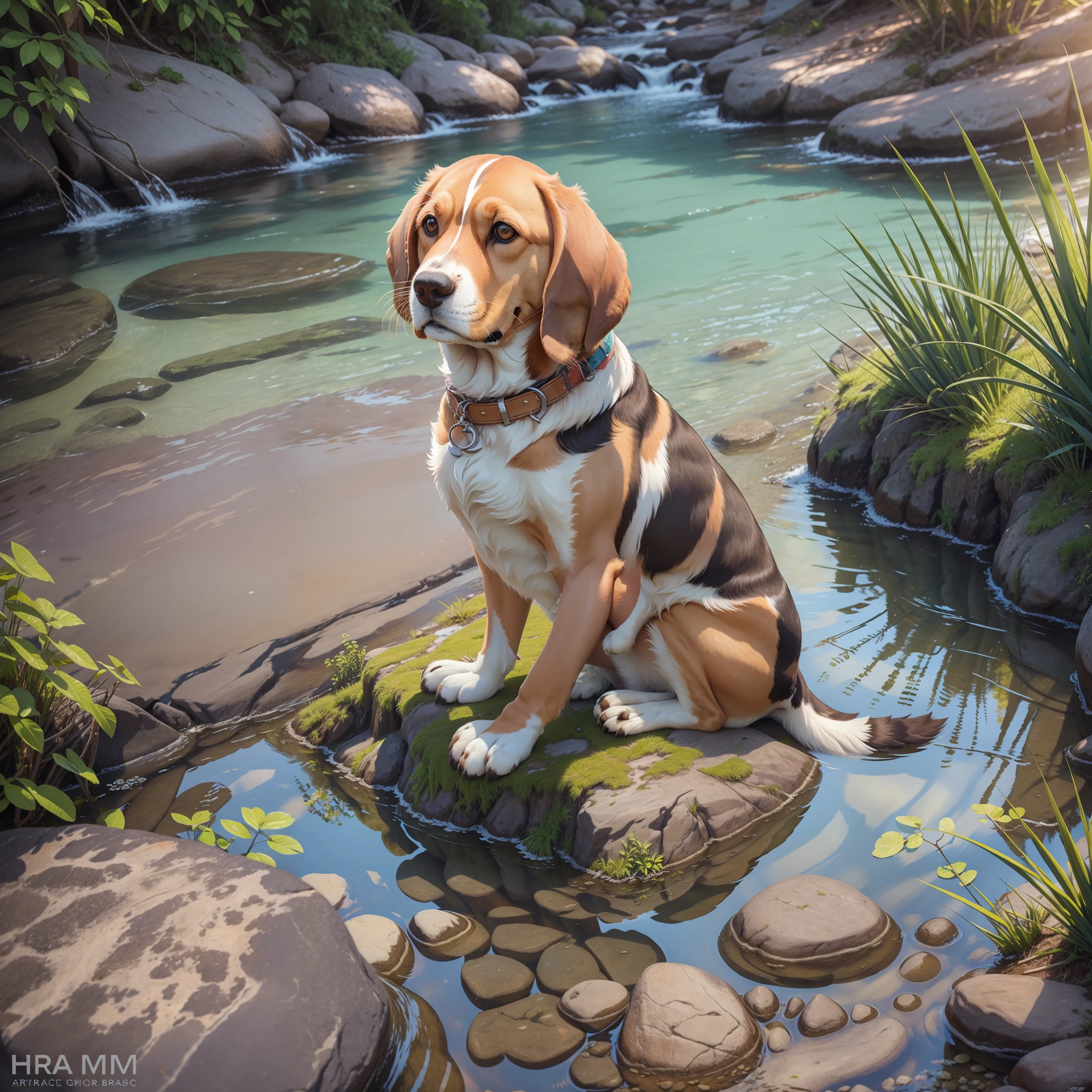 Beagle-Jagdterrier sitzt neben dem Fluss mit klarem Wasser und transparenter Sonnenuntergang Foto ultra realistisch 4k