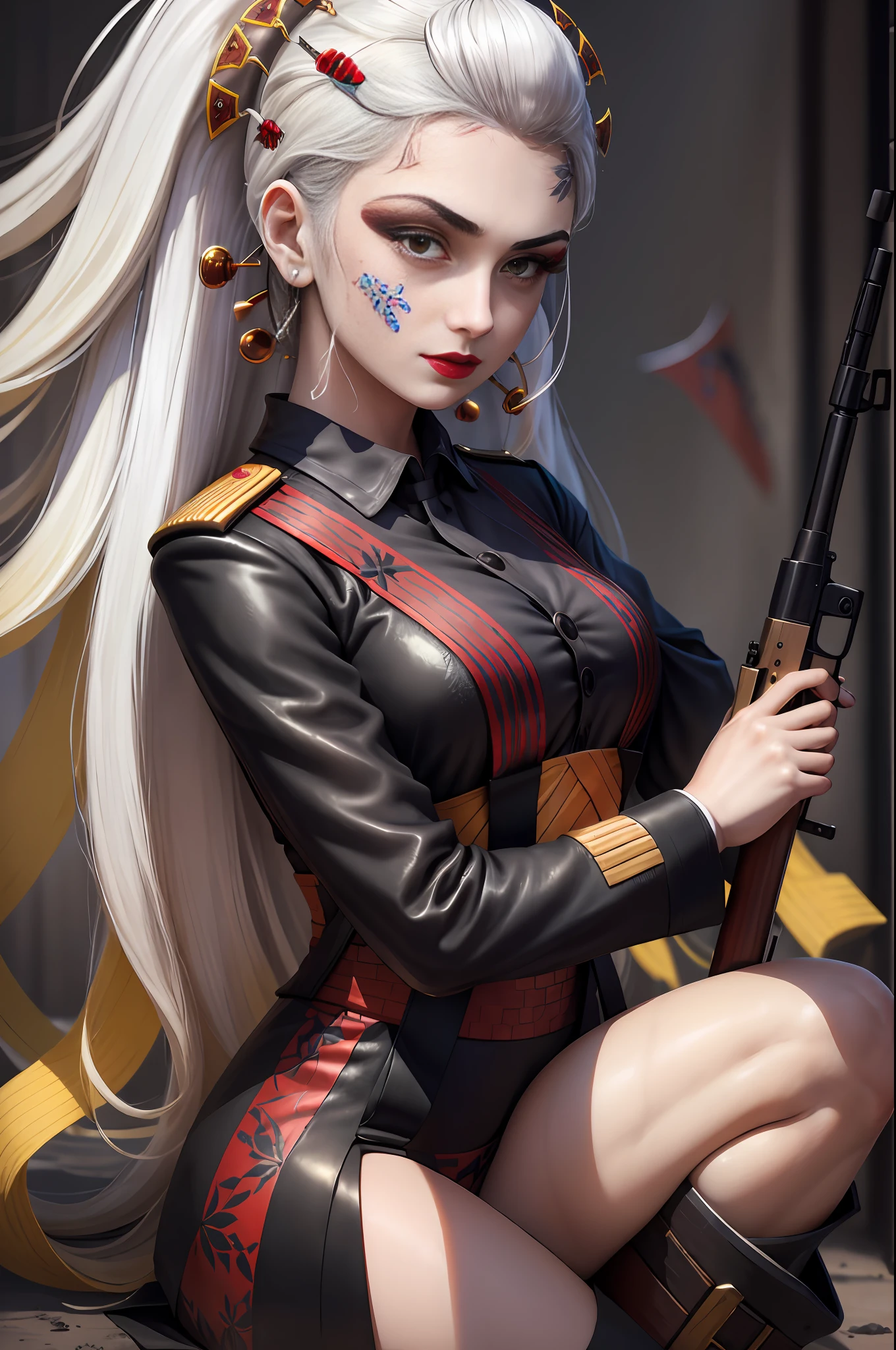 masterpiece, best quality, DakiV4, 1girl, solo, long hair, white hair, yellow eyes, hair ornament, military uniform, ((WWII image)), makeup, lipstick, holding rifle, ((battlefield))