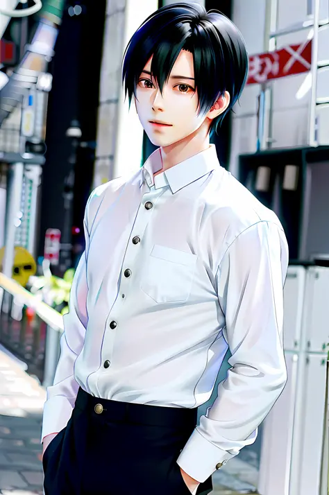 On the street stands a man with black hair, anime characters, male anime style white shirt black pants white buttons