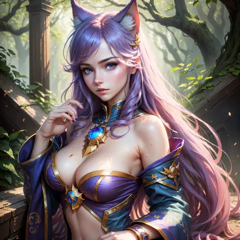 high quality fingers, normal hands, detailed fingers,masterpiece, (realistic, photo-realistic:1.37), (22 years old woman), (ahri from league of legends), medium breast, small waist, blue eyes, beautiful face, perfect illumination, beautiful detailed eyes,l...