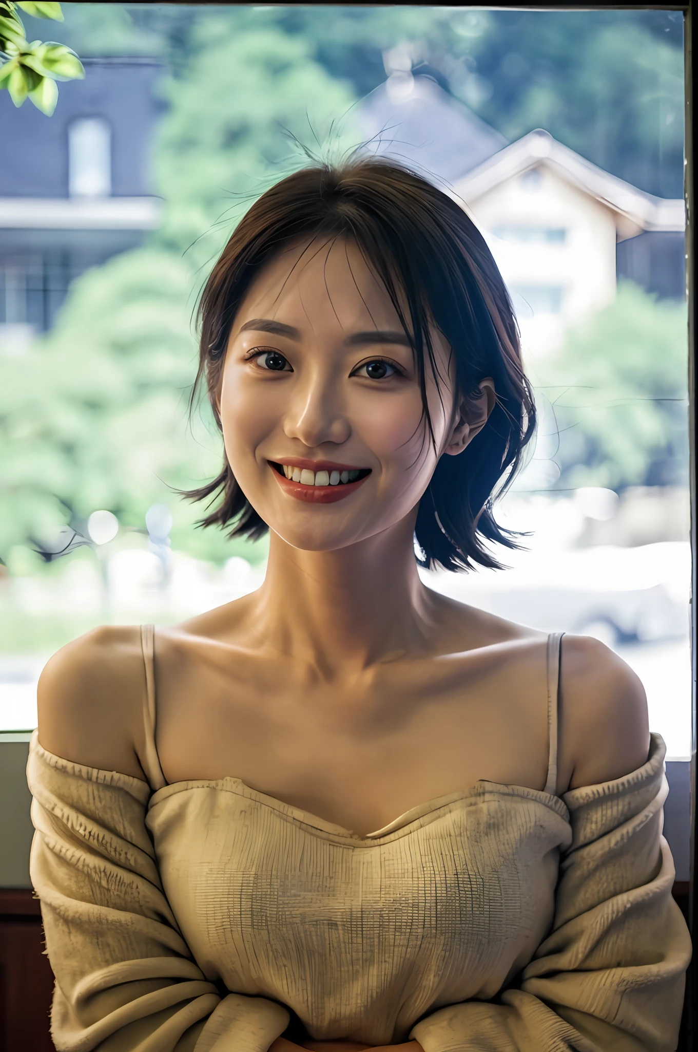 1girl, idol, close-up, collarbone, photo, movie, hand natural placement, dynamic, depth of field, smile, model, window, looking at the audience, real life, shoulder removal, teeth, natural, real,