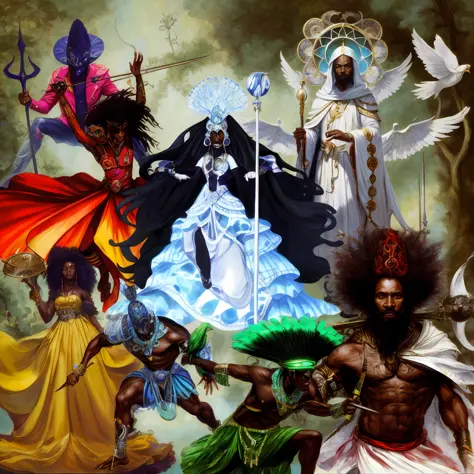 There are many different types of people dressed in costumes, Afrocentric mysticism, African mythology, Afrofuturism, Afrofuturism, Kemetic, African cyberpunk wizards, Kemetic symbolism, Afrofuturist, Afrofuturism style, dark fantasy esoteric, pagans, anim...