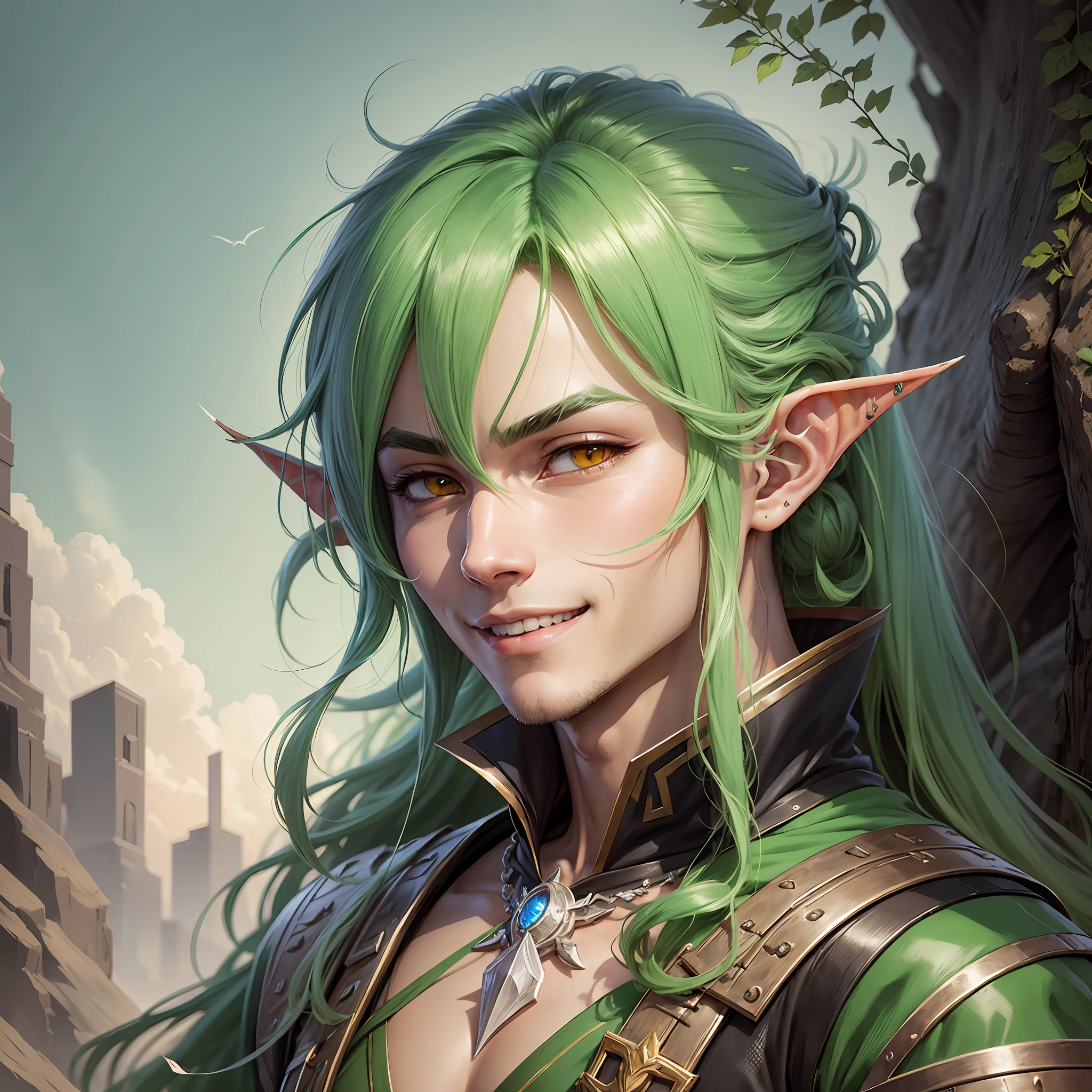 anime character with green hair and amber eyes, handsome guy in demon slayer art, beautiful male elf, a male elf, a portrait of a male elf, elven character with smile, elven male, anime in fantasy style, detailed digital anime art, made with anime painter studio, artwork in the style of guweiz, elven with forest background, without t shirt, smile cute --auto --s2