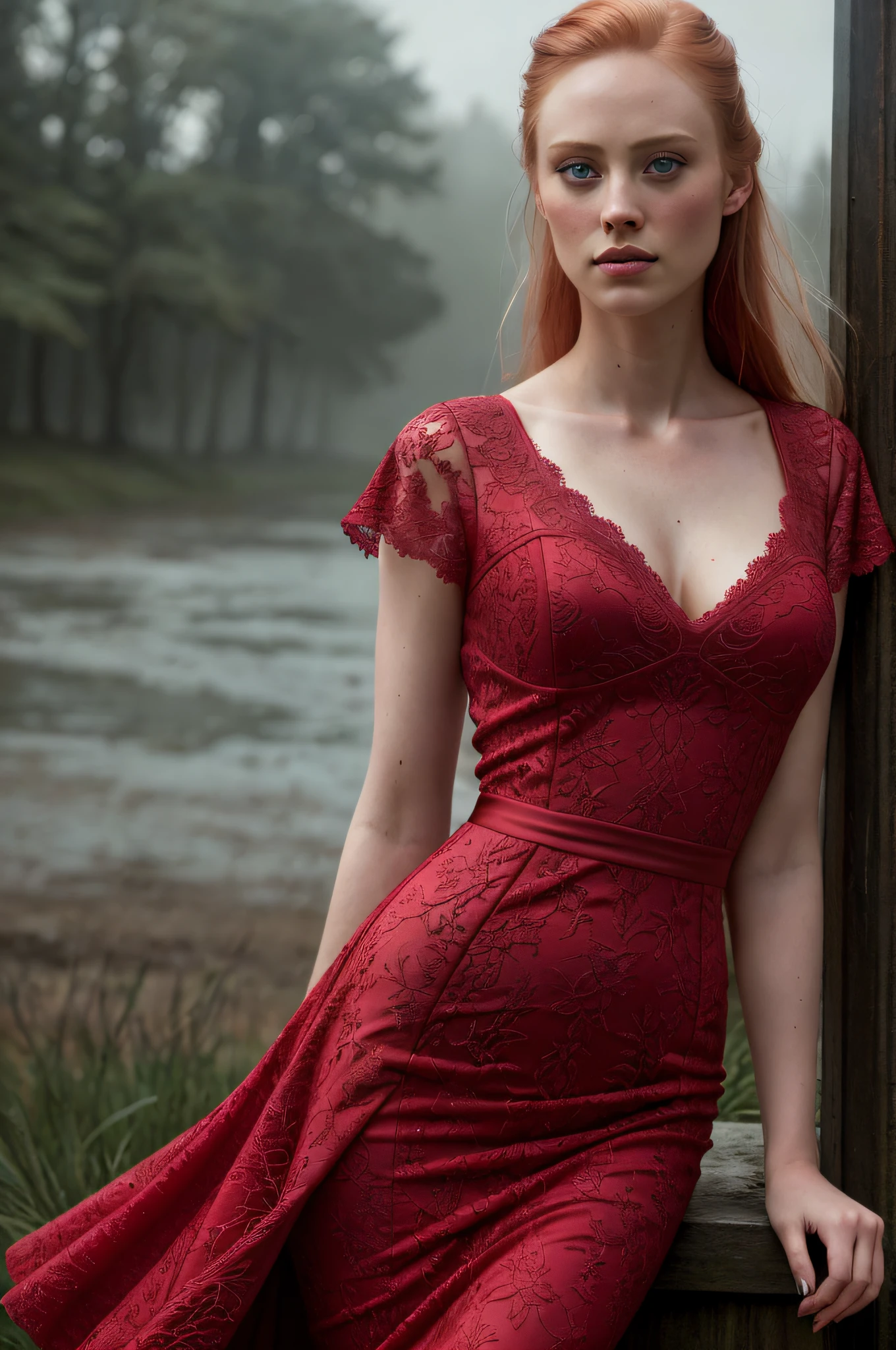 (Thirty year old) woman, Deborah Ann Woll, standing in the rain, wearing a (long bright red dress:1.2), dreamy photo, dramatic pose, looking straight at camera, intense stare, slight smile, portrait, detailed skin texture, beautiful landscape, misty, painting by andre kohn. Intricate, 8k, highly detailed, (extremely detailed CG unity 8k wallpaper), ((square jaw)), (well defined jaw), (downturned lips), (detailed anatomy), Hyperrealistic, trending on CGSociety, Intricate, High Detail, Sharp focus, dramatic, volumetric lighting, digital painting, intense, modelshoot style, (extremely detailed CG unity 8k wallpaper), full shot body photo of the most beautiful artwork in the world, pearl skin, by Jeremy Mann, trending on ArtStation, photorealistic painting art by midjourney