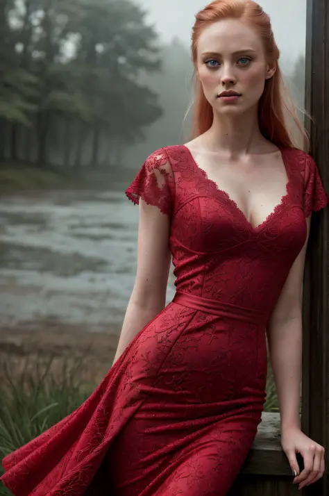 (Thirty year old) woman, Deborah Ann Woll, standing in the rain, wearing a (long bright red dress:1.2), dreamy photo, dramatic p...