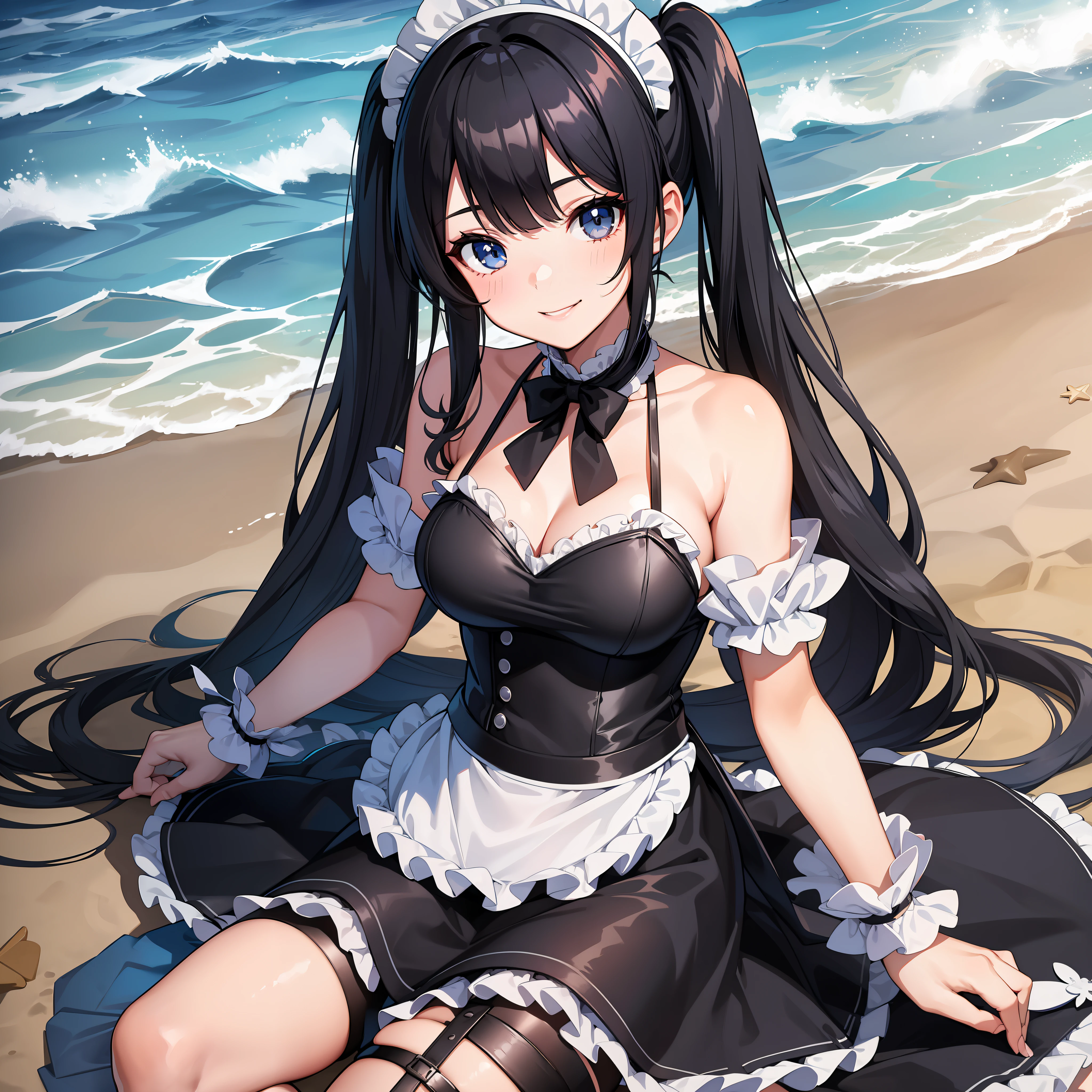 Anime girl sitting on the beach with a towel on her lap - SeaArt AI