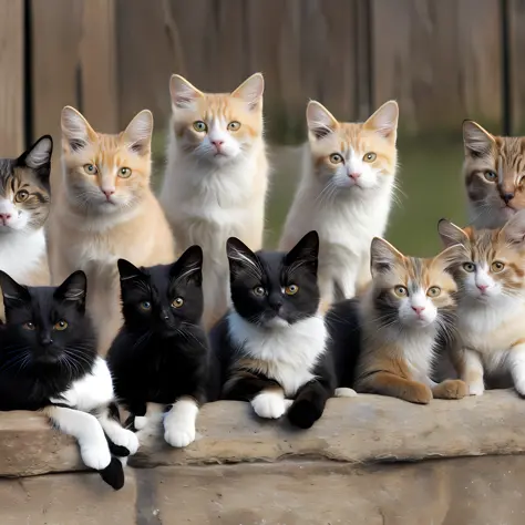 Photo of 8 stray cats, one black, 3 black and white, 1 Siamese, one white and gray gust, one albino, one gust