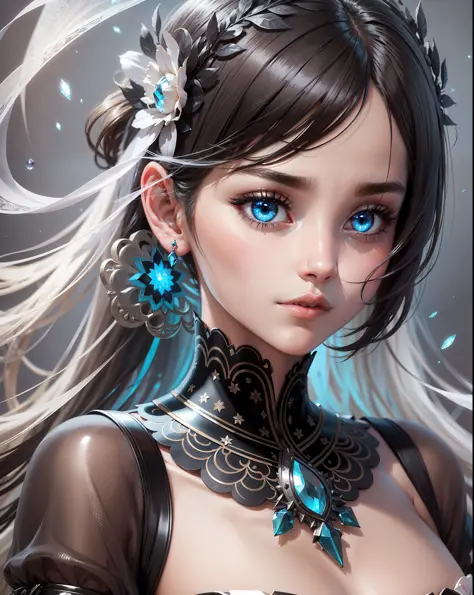 Illumination bioluminescence, highly & extremely detailed low-cut white dress (masterpiece), realistic, (portrait of a girl), beautiful face, beautiful woman, beautiful eyes, perfect anatomy, very cute, princess eyes, (eyes black), (frame head), centered, ...