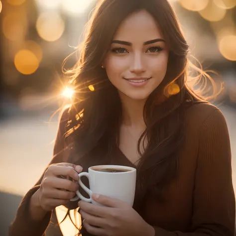 editorial photograph, cinematic photo of a beautiful and gorgeous woman having a cup coffee in the early morning, canon eos 600d...