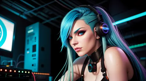 snthwve style, (bldrnrst:1.1), sfw, raw photo, a cyborg woman with cyan colored hair, perfect face, complex background, wires an...