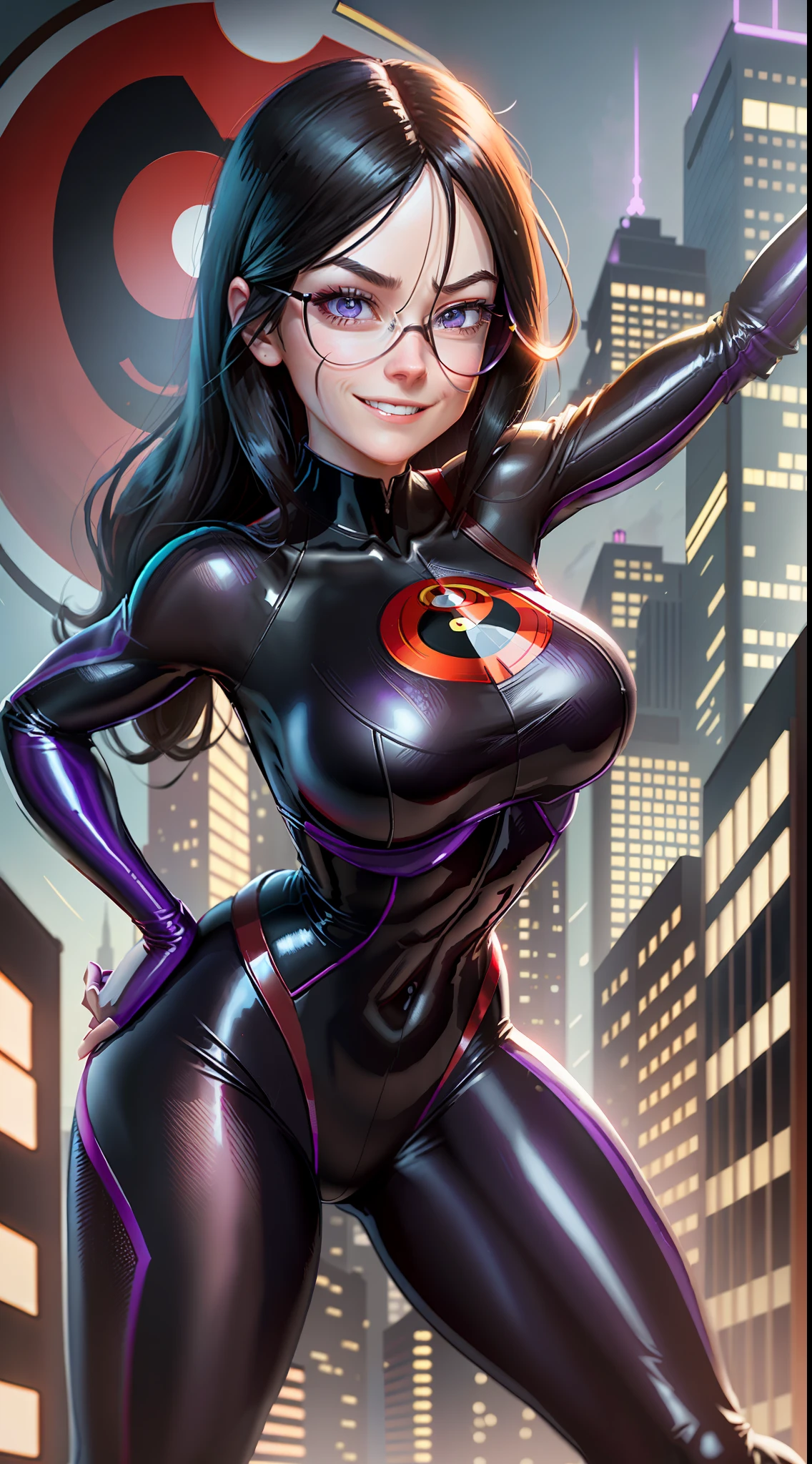 A woman in a black and purple suit standing in front of a city - SeaArt AI