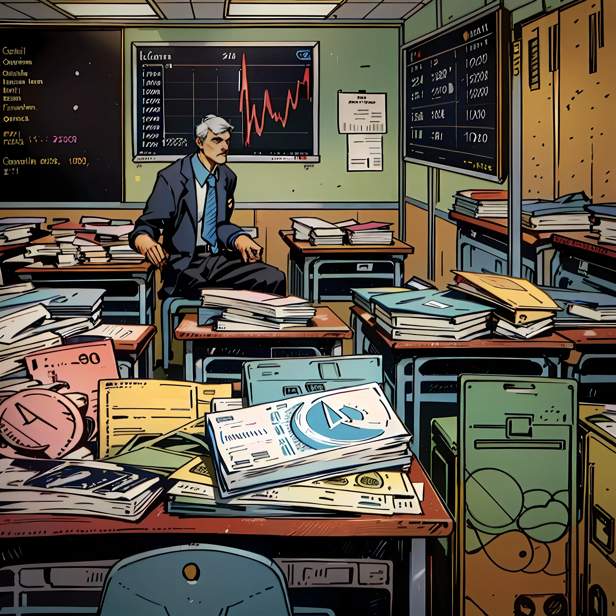 An image of Paul Krugman in a classroom, teaching students about the global economy and how economic policies affect people's lives, while a board in the background displays graphs about the 2008 financial crisis and its recovery. --auto --s2