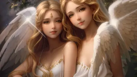 two beautiful young women dressed in white with angel wings, 2 angels, beautiful gemini good and evil, beautiful gemini twins po...