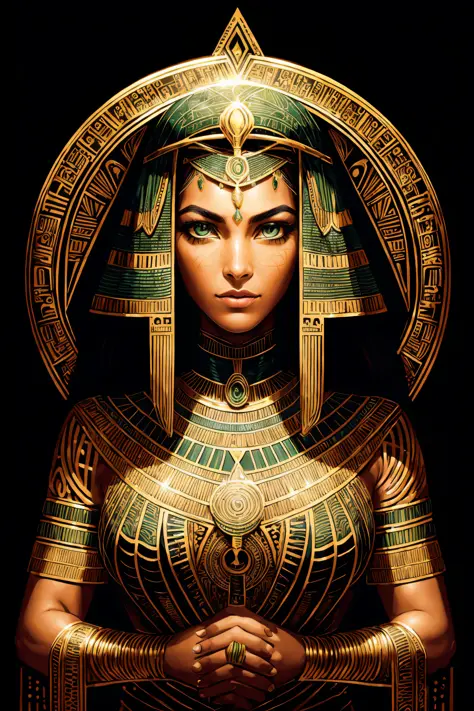 1 adult Egyptian woman, green eyes, black hair flaps, portrait, solo, upper body, looking at viewer, detailed background, detail...