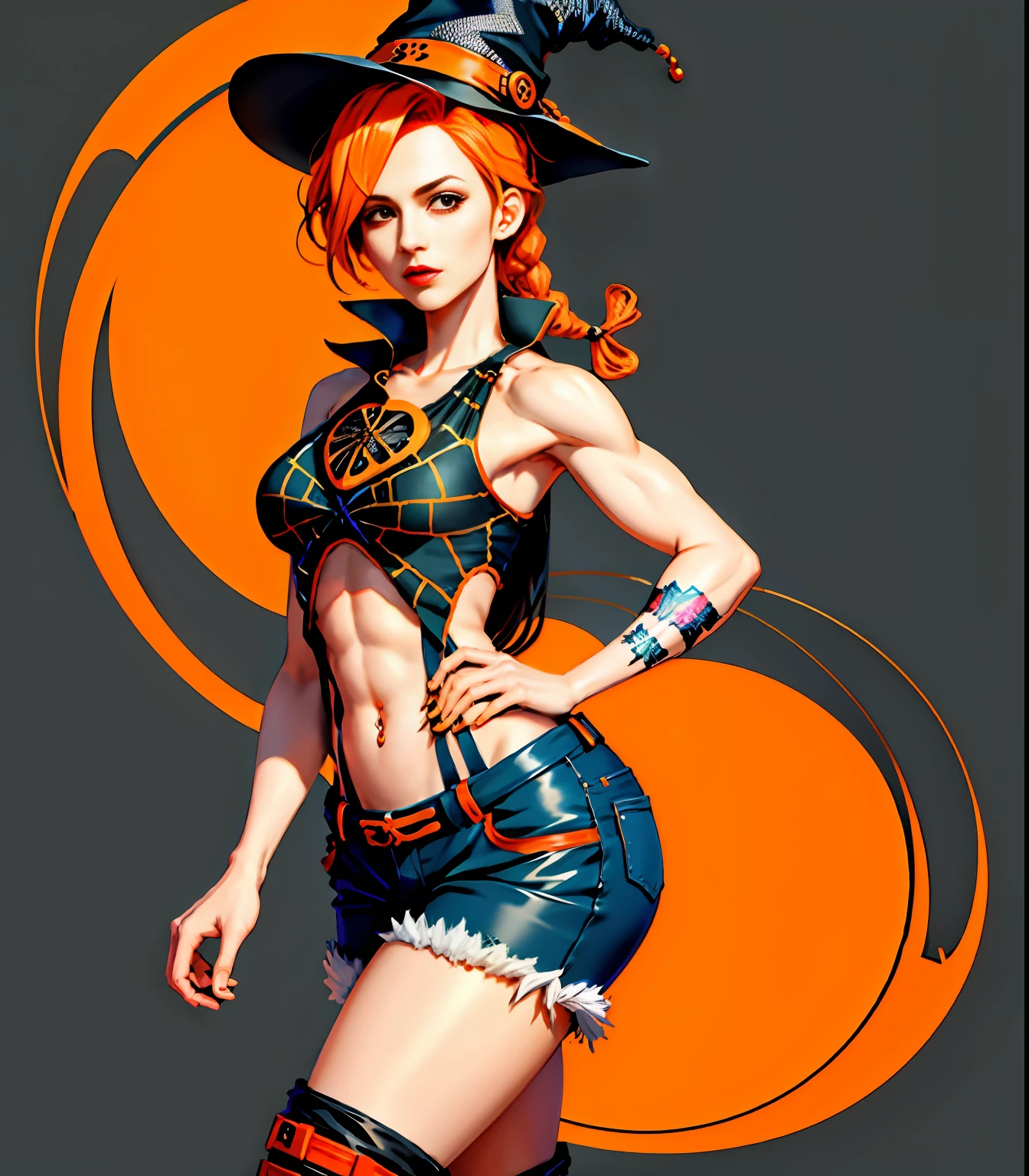 anime art, 1girl, jolynejojo, half body, digital art, masterpiece, orange and black hair, cropped, sleeveless, wearing pants, witch hat, halloween design