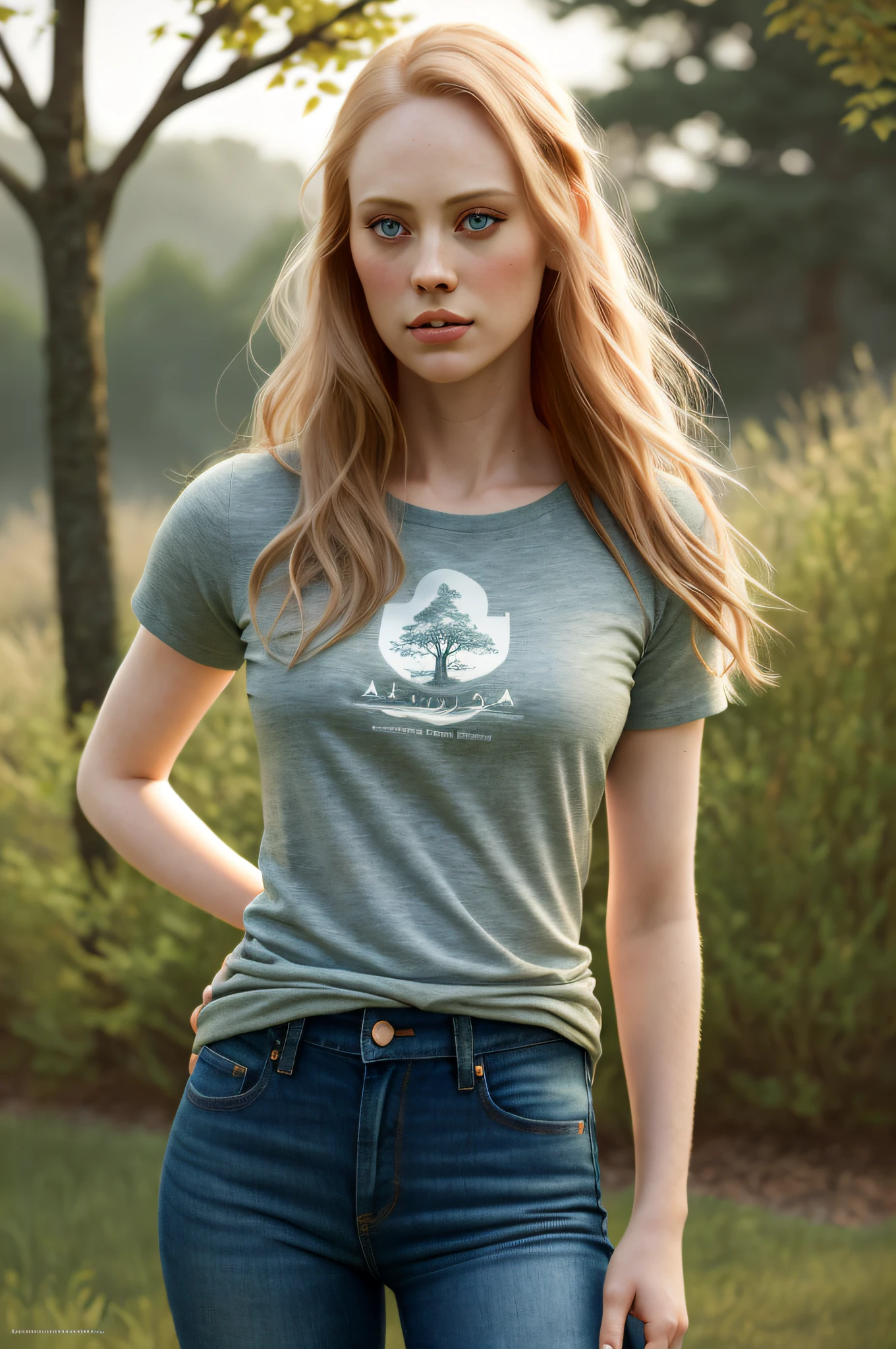 (Thirty year old) woman, Deborah Ann Woll, standing in park, wearing a (skinny jeans and a t-shirt:1.2), dreamy photo, dramatic pose, looking straight at camera, intense stare, slight smile, portrait, detailed skin texture, beautiful landscape, misty, painting by andre kohn. Intricate, 8k, highly detailed, (extremely detailed CG unity 8k wallpaper), ((square jaw)), (well defined jaw), (downturned lips), (detailed anatomy), Hyperrealistic, trending on CGSociety, Intricate, High Detail, Sharp focus, dramatic, volumetric lighting, digital painting, intense, modelshoot style, (extremely detailed CG unity 8k wallpaper), full shot body photo of the most beautiful artwork in the world, pearl skin, by Jeremy Mann, trending on ArtStation, photorealistic painting art by midjourney