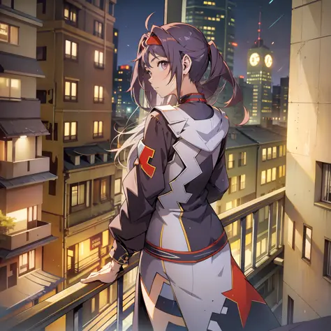 girl, back, anime, on a balcony of a building, looking at the city, night