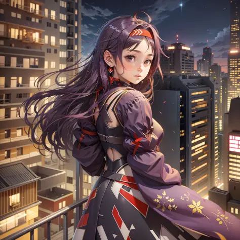 girl, back, anime, on a balcony of a building, looking at the city, night