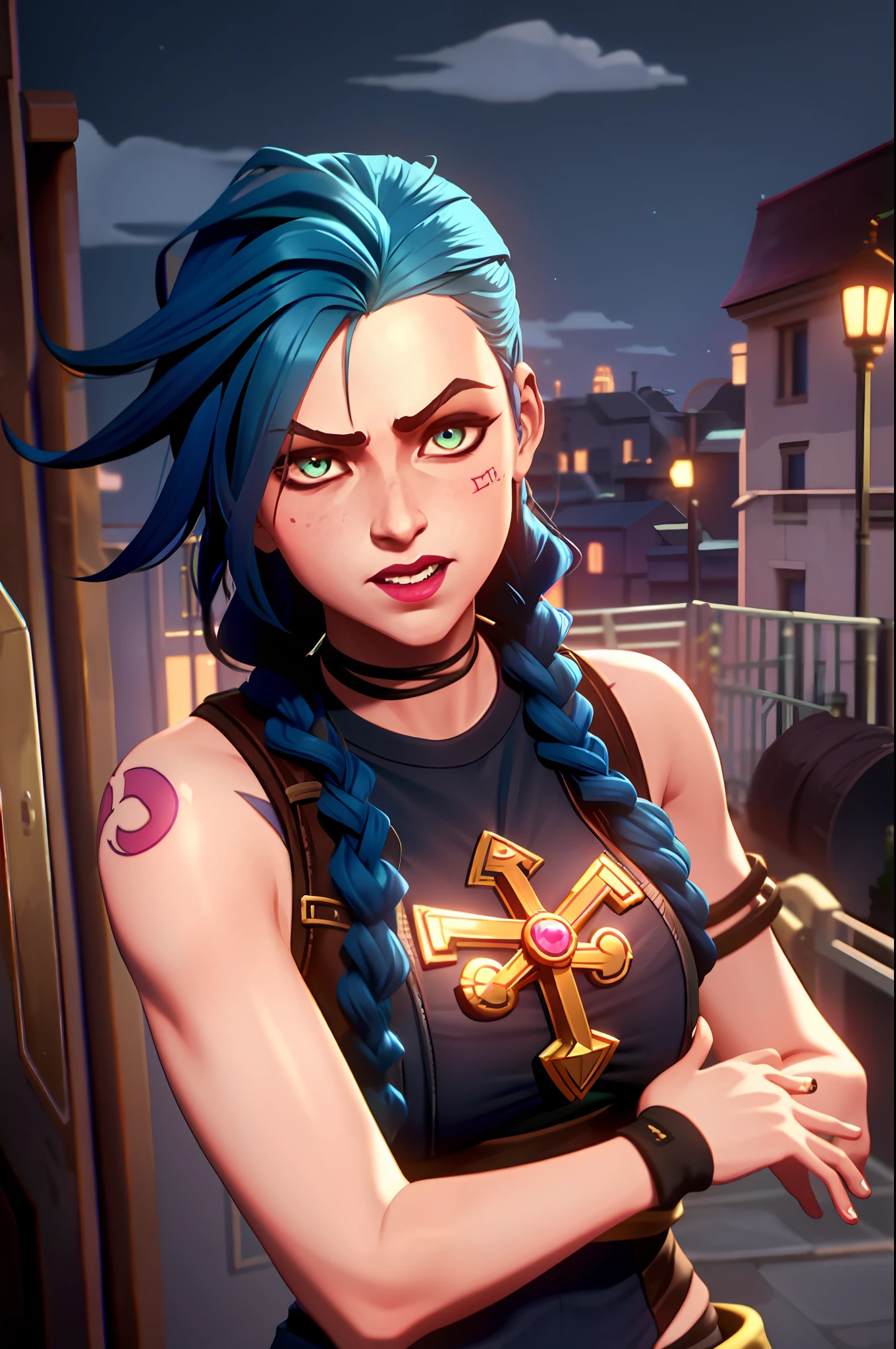 Brazilian man. Short beard. arcane style, 1girl, arm tattoo, asymmetrical bangs, bangs, blue hair, braid, brown shirt, cloud tattoo, looking at the viewer, laughing, crazy, uncontrollable laughter, crazy look, night, city, green hair, long hair, diaphragm, pink eyes, red lips, shirt, solo, standing, tattoo, twin braids, upper body, arcane bad luck, bad luck \(league of legends\)