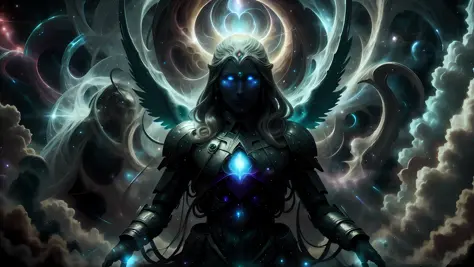 The creator cosmic God creating the angels in the dark fantasy world at the beginning of time