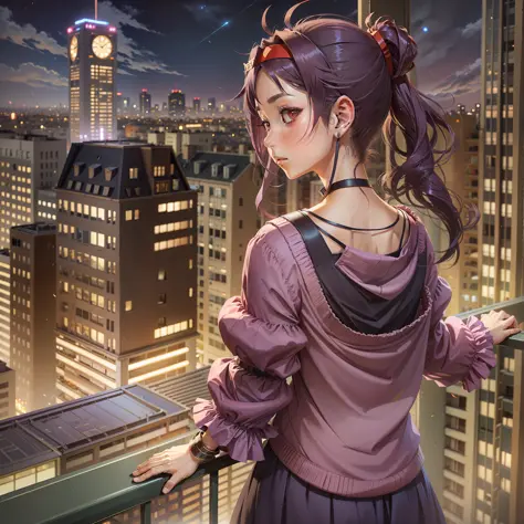 girl, back, anime, on a balcony of a building, looking at the city, night