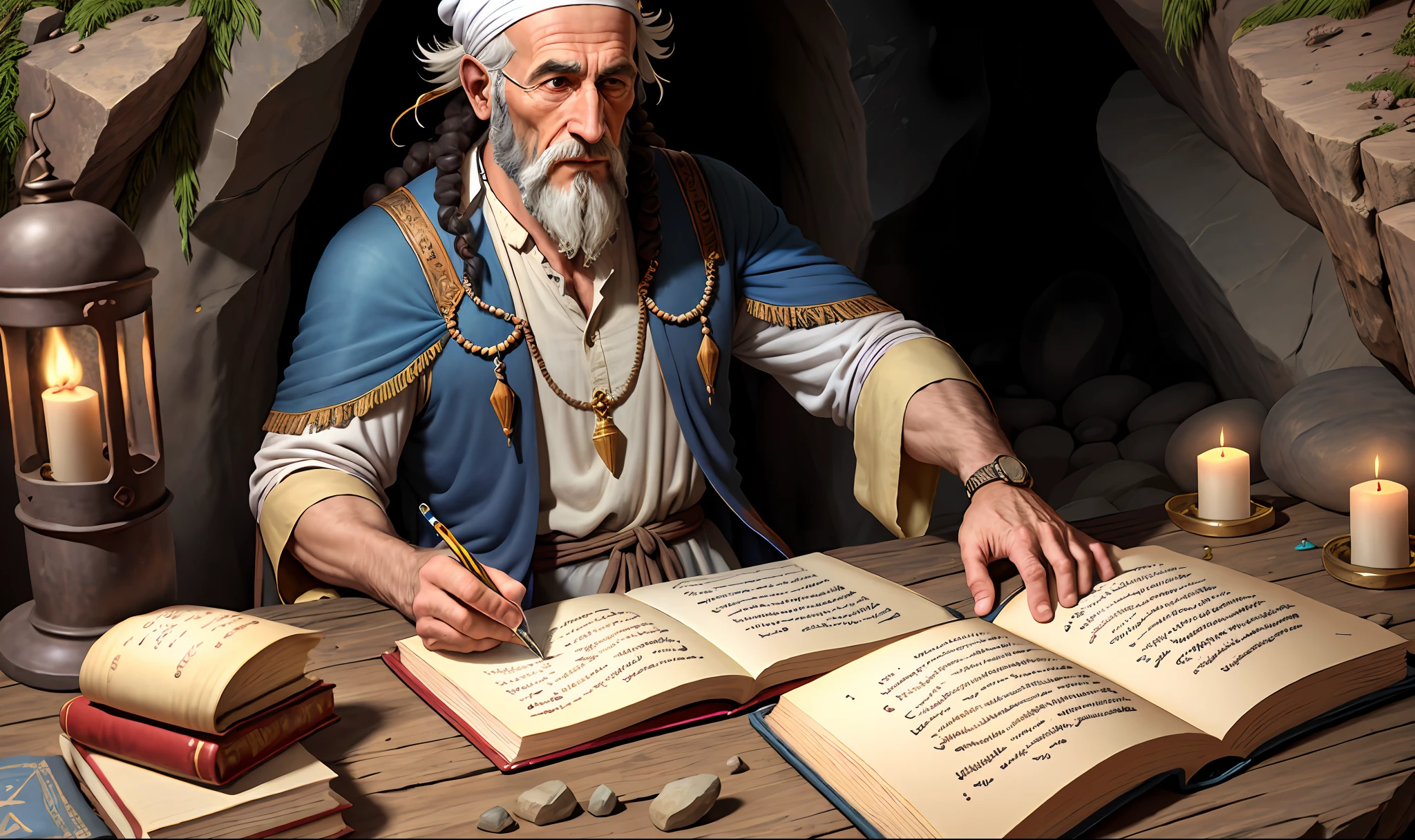 Ancient imangem, Jewish clothing, Jewish man, old Christian writing letters in a rocky cave with a lot of technology and extreme realism ((image representing the apostle John))