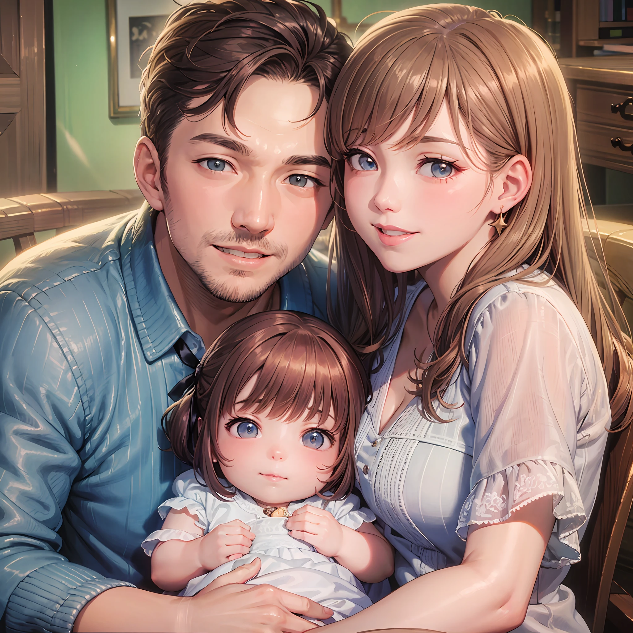 Mom and Dad are smiling with their cuddles holding the cute little girl --auto --s2