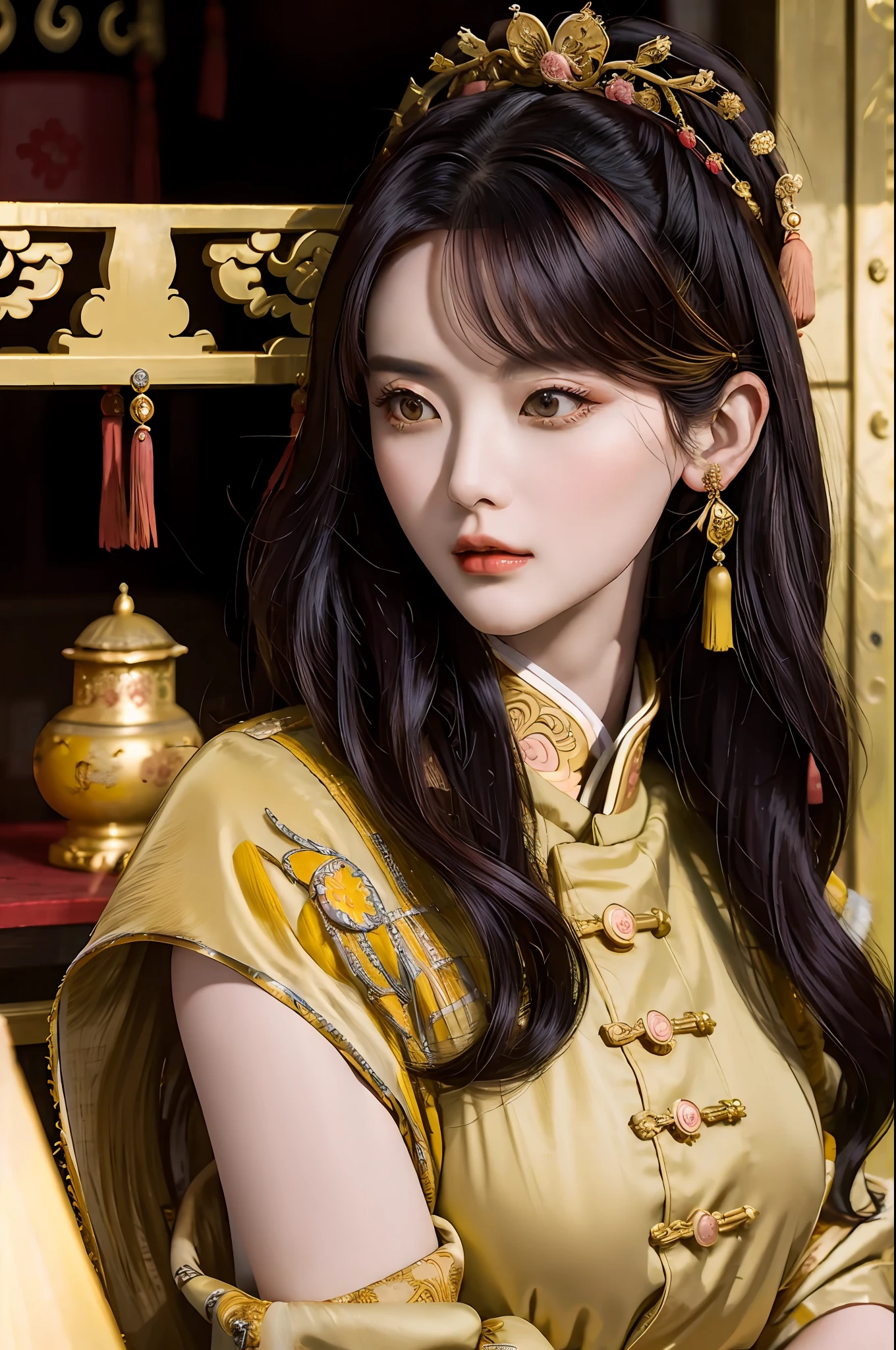 Masterpiece, Excellent, Chinese Imperial Palace, Chinese Style, Ancient China, 1 Woman, Mature Woman, Yellow Long-haired Woman, Pale Pink Lips, Cold, Serious, Effeminate, Bangs,
