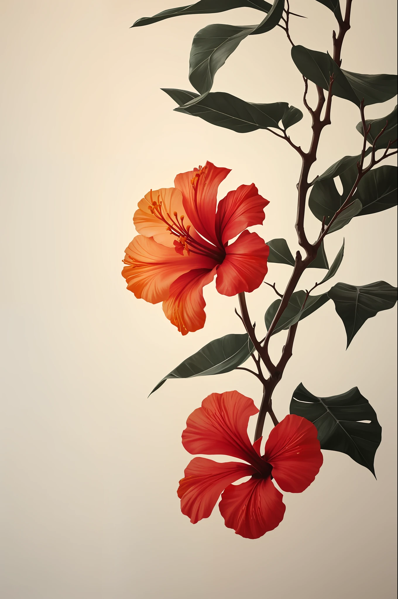 Hibiskusblüte blüht auf einem knorrigen Ast vor grauem Hintergrund, Einfacher Hintergrund, im Stil von Hellorange und Hellbeige, minimalist images, Fotografie-Installationen, Paläocore, grün und purpur, Hyperrealistisch, poetische Intimität