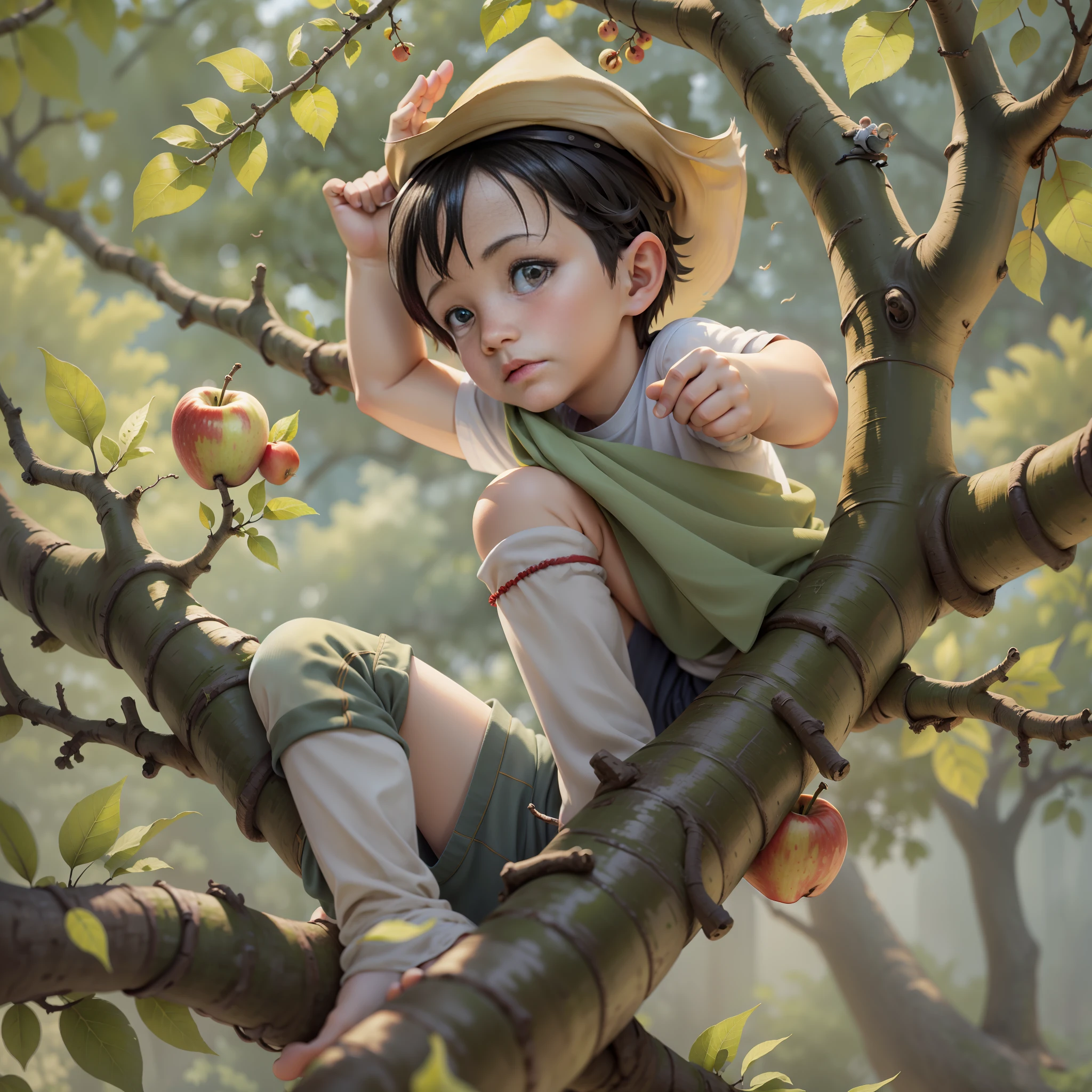 Boy on apple tree branch