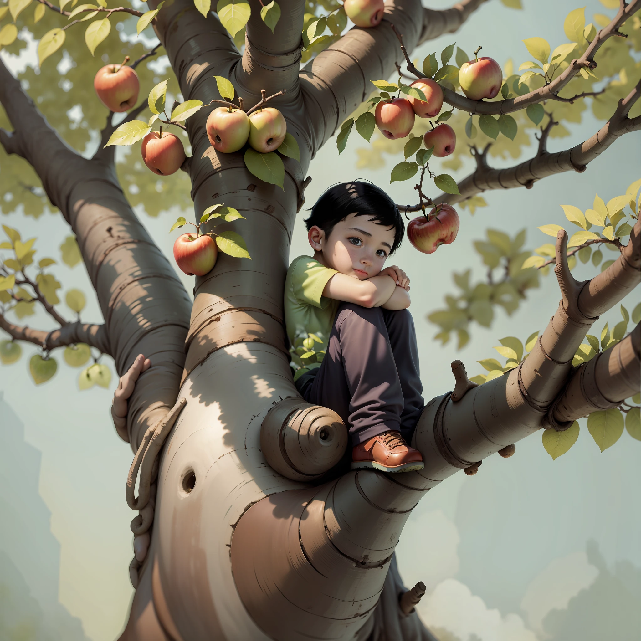 Boy hugging apple tree