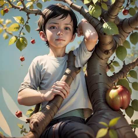 boy playing on an apple tree